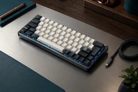 Clavier mécanique compact SOLIDEE à touches noires et blanches, éclairage bleu et câble USB-C