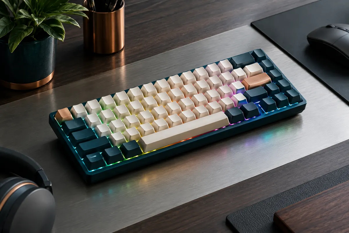 Clavier mécanique compact 68 touches avec capuchons PBT et rétroéclairage RVB sur un bureau sombre.
