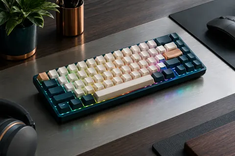 Clavier mécanique compact 68 touches avec capuchons PBT et rétroéclairage RVB sur un bureau sombre.