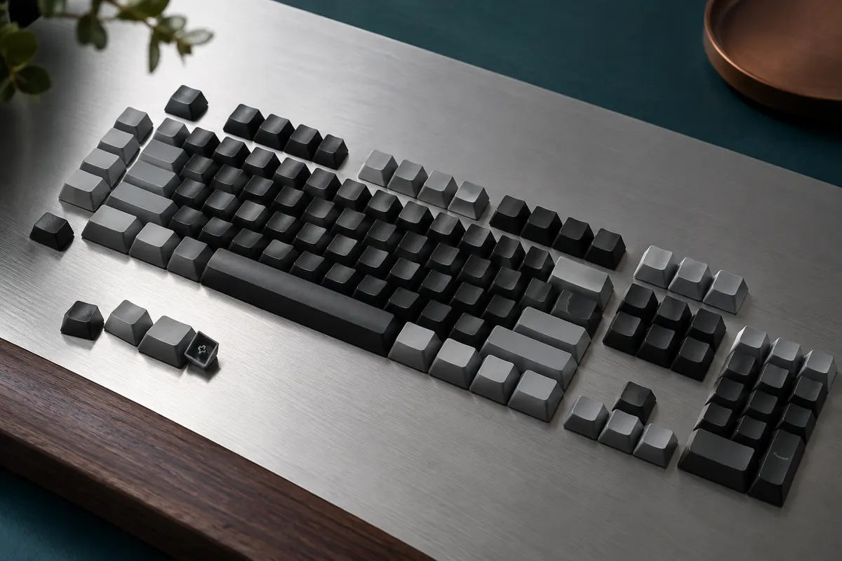 Ensemble de keycaps PBT noirs et gris au profil ASA, disposés sur un bureau sobre.