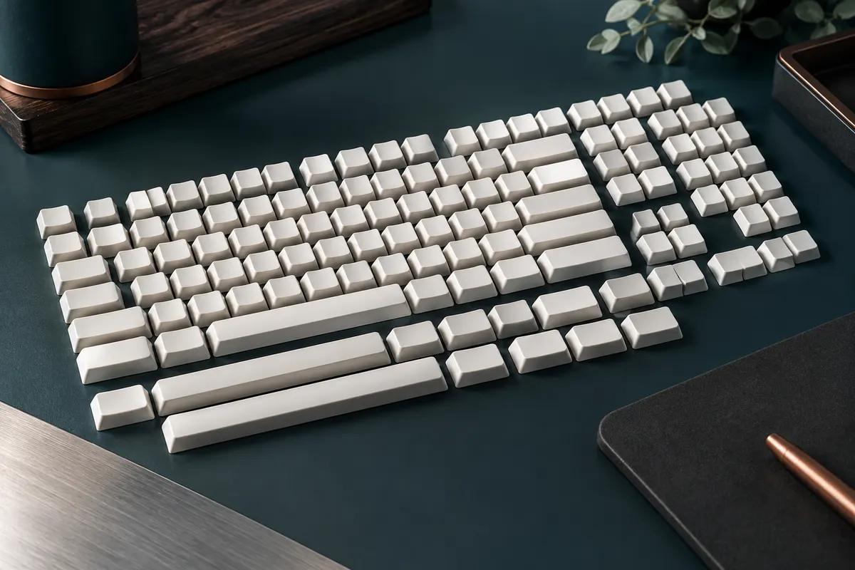 Jeu de 135 keycaps blancs en PBT au profil XDA, présenté sur un bureau sobre.