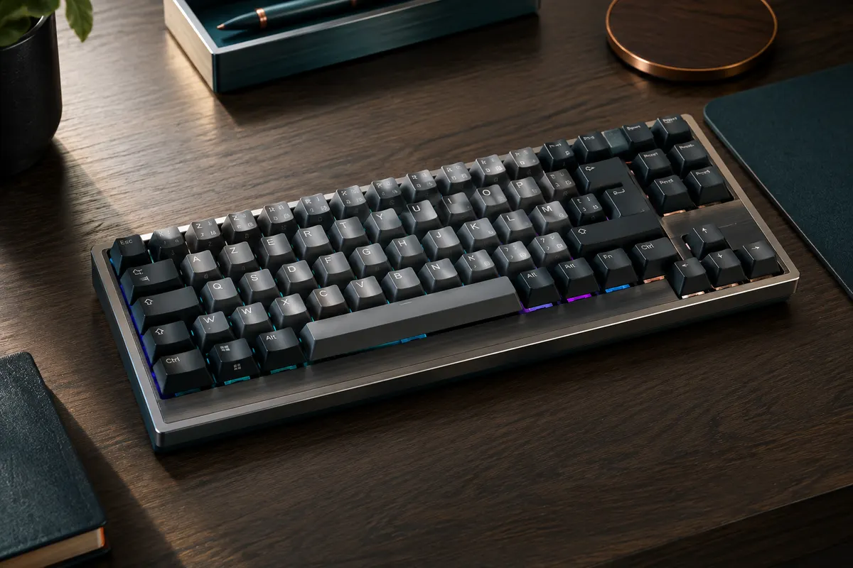 Clavier mécanique SteelSeries Apex 9 TKL AZERTY avec touches PBT et rétroéclairage RVB sur un bureau sobre