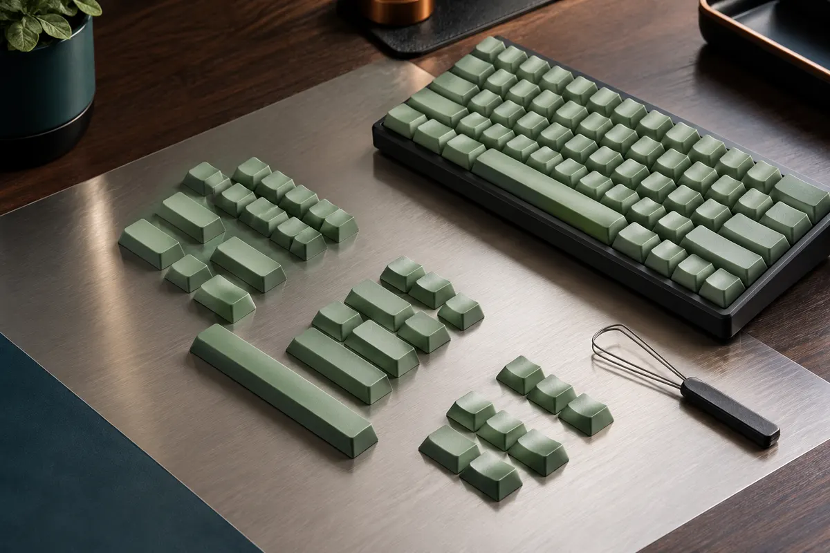 Touches de clavier mécaniques XDA en PBT vert matcha, disposées sur un bureau sobre près d’un extracteur.