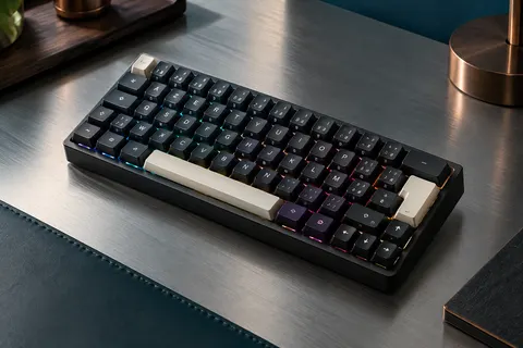 Clavier mécanique noir au format 65 % avec touches AZERTY et rétroéclairage RVB sur un bureau sobre.