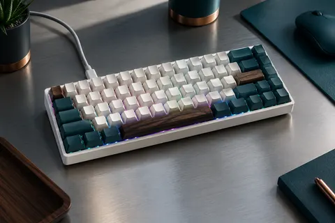Clavier mécanique blanc compact AZERTY avec touches éclairées en RGB sur un bureau sobre