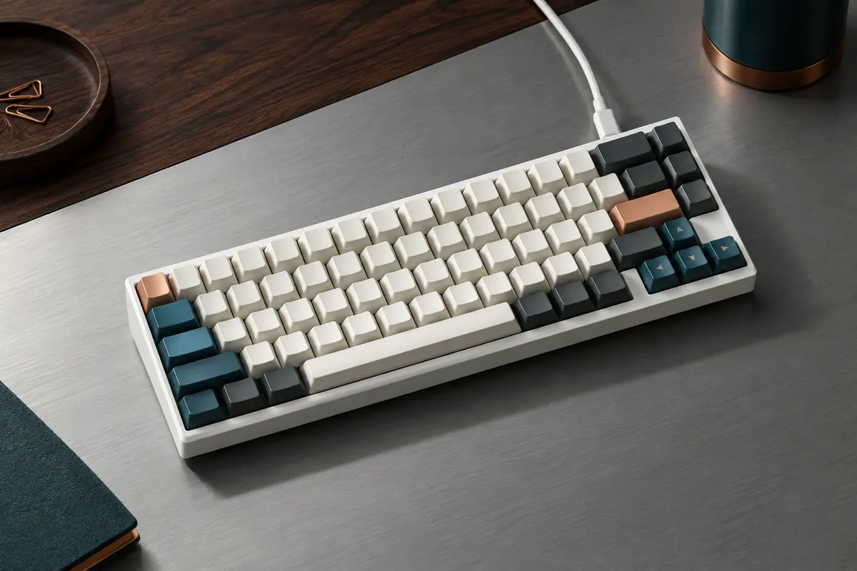 Clavier mécanique compact blanc TMKB T68SE à 68 touches, avec flèches séparées et câble USB sur un bureau sombre.