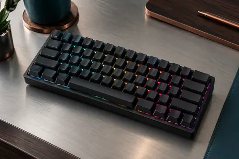 Clavier mécanique noir Trust au format 60 %, touches compactes éclairées en RVB sur un bureau sobre.