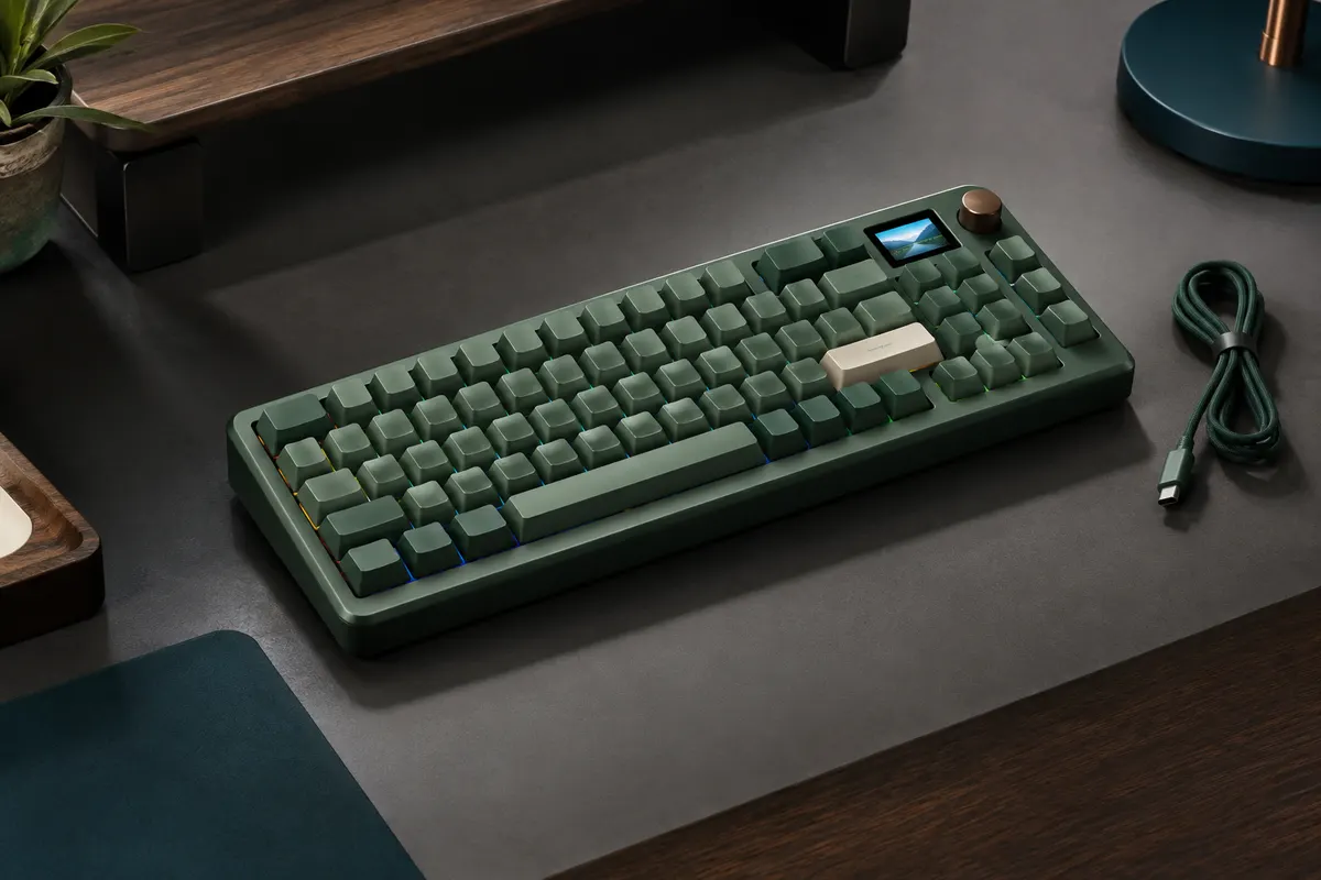 Clavier mécanique compact vert grenouille avec écran couleur et rétroéclairage RVB sur un bureau sobre.
