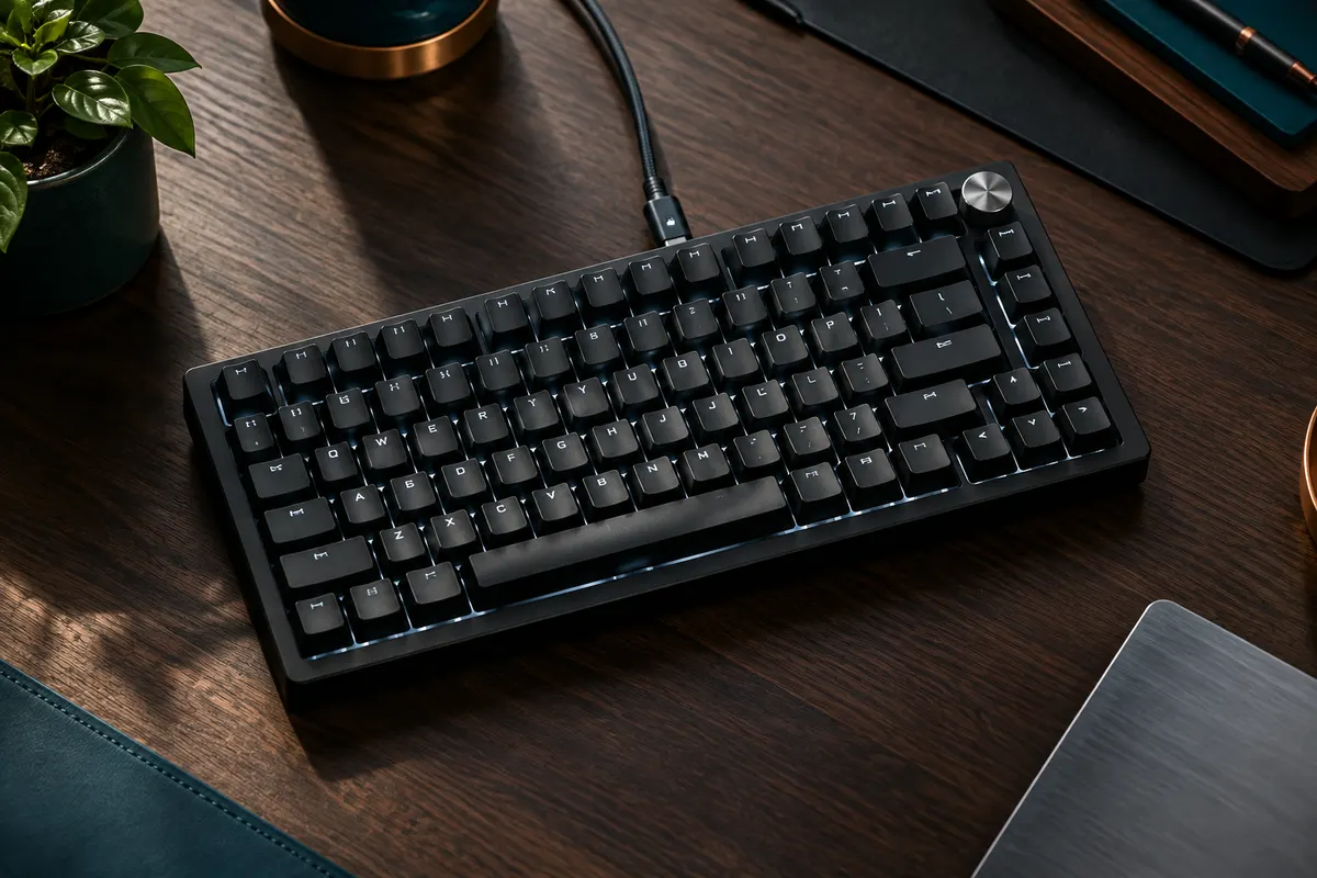 Clavier mécanique noir YINDIAO AK820 au format 75 % avec touches éclairées en blanc et molette métallique