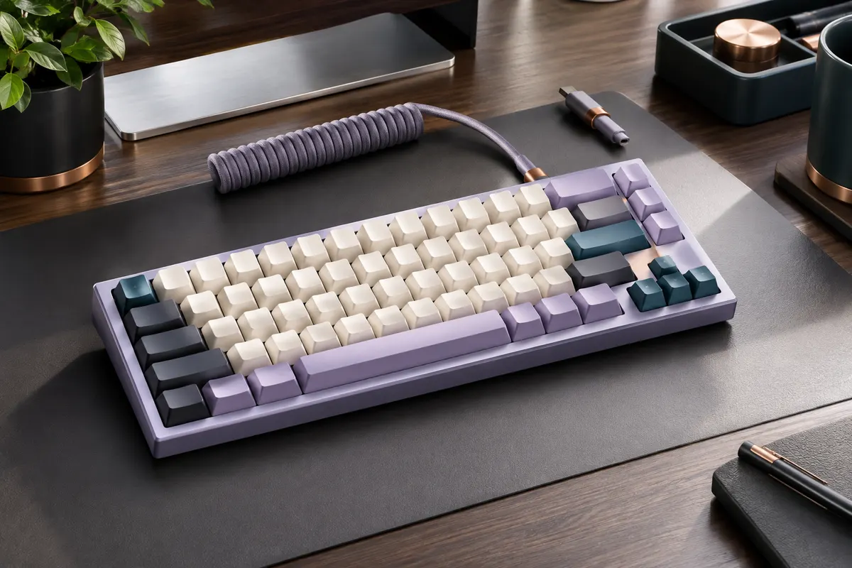 Clavier mécanique YINDIAO T8 de 68 touches, coloris contrasté lavande et câble USB-C spiralé