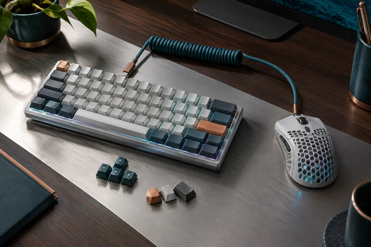 Ensemble clavier mécanique gris clair à 68 touches, souris perforée et câble spiralé sur un bureau sombre.