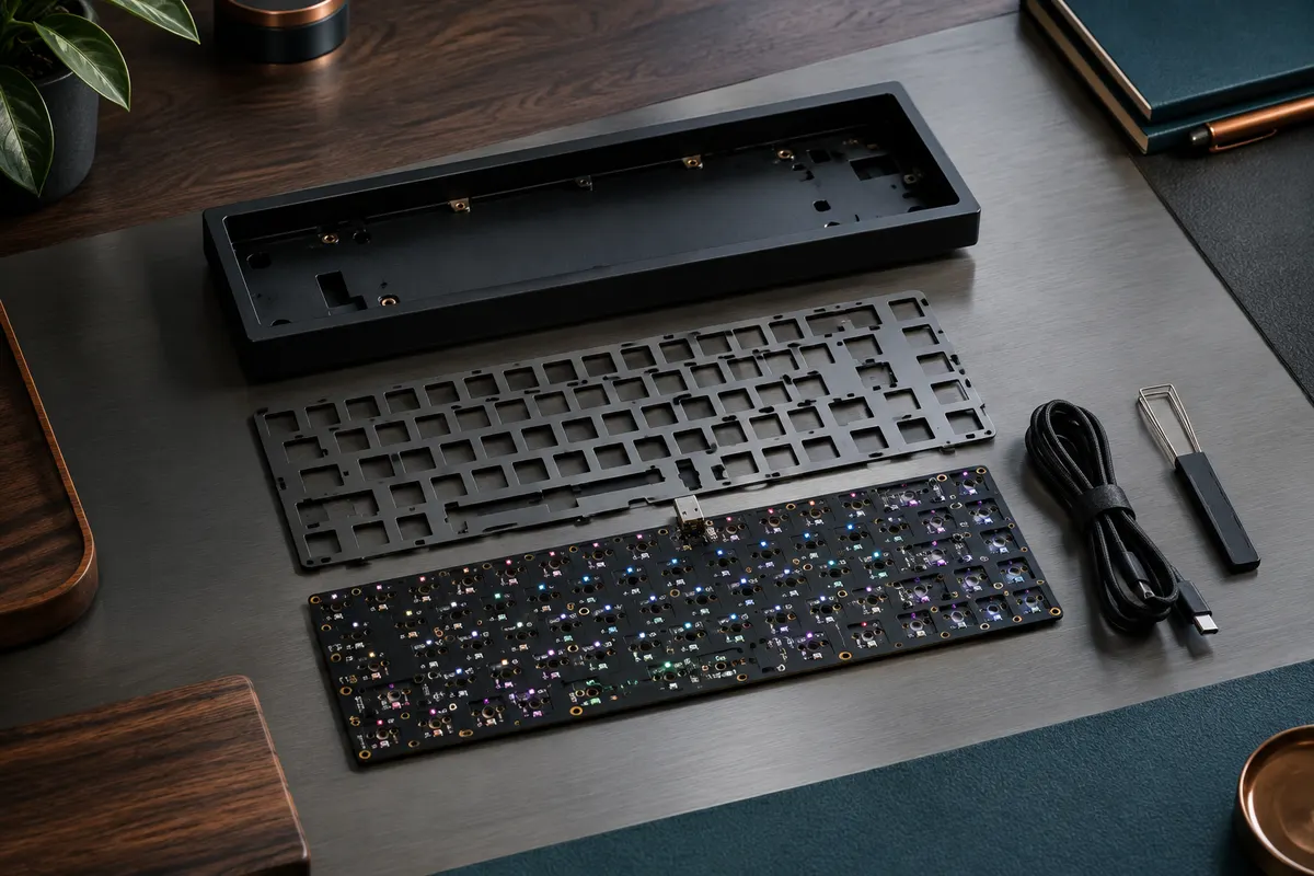 Kit barebone noir GK64x avec PCB RVB, plaque, câble et outil, sans switches ni capuchons.