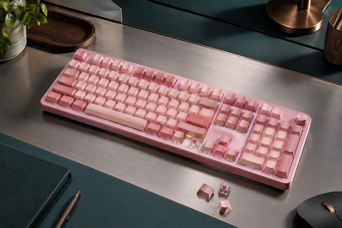 Clavier mécanique rose YUNZII AL98 au format 1800, avec pavé numérique et touches rétroéclairées RGB