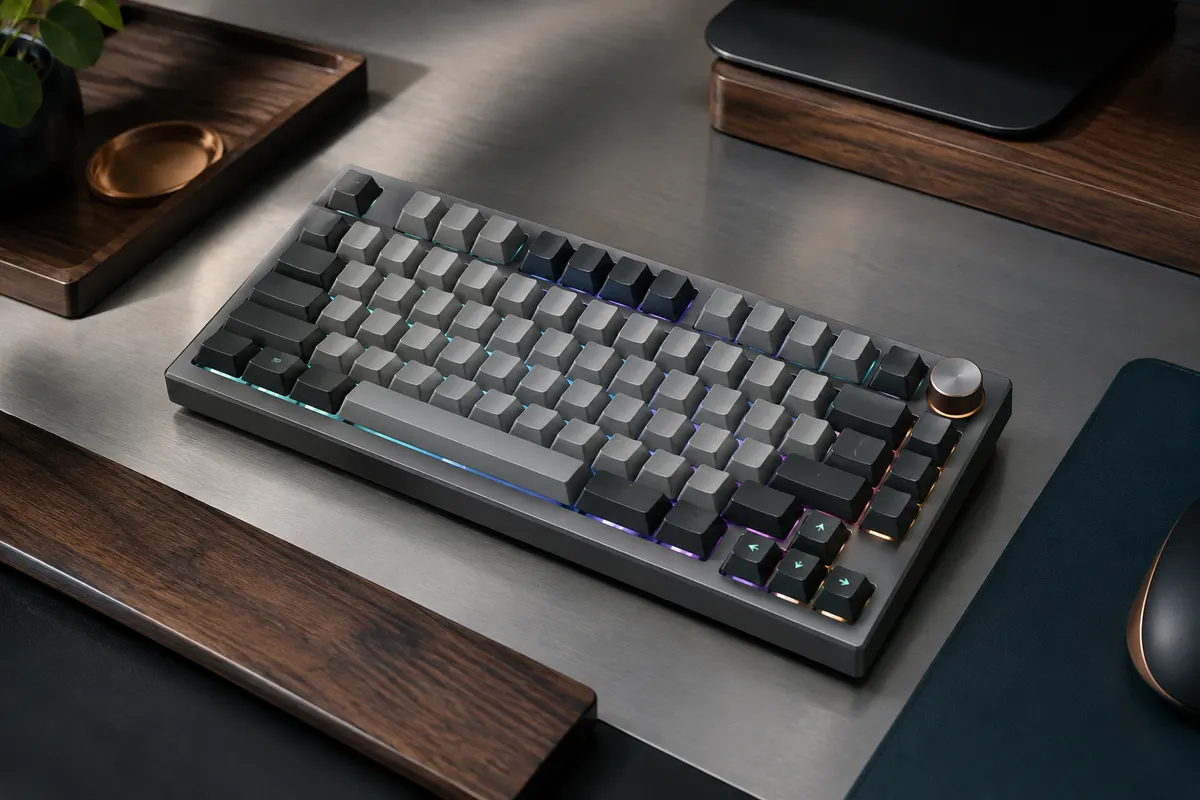 Clavier mécanique YUNZII B75 Pro gris au format 75 %, avec molette multifonction et rétroéclairage RGB.
