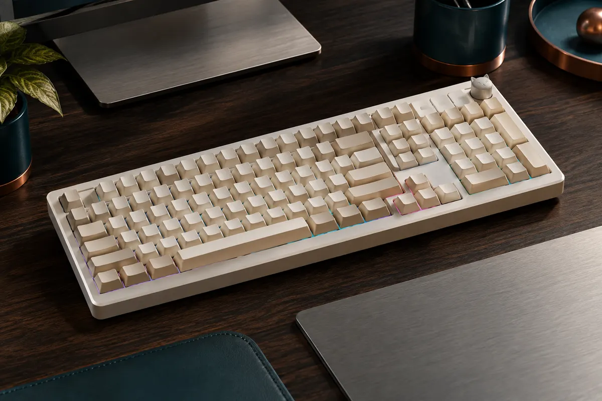Clavier mécanique beige au format 96 %, avec pavé numérique et bouton amovible de style chat.