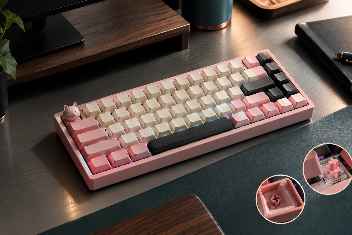 Clavier mécanique rose YUNZII C68 avec touches MOA, éclairage RGB et tête de chat amovible