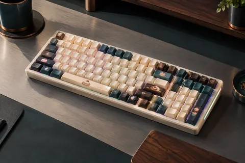 Clavier mécanique YUNZII C98 beige au thème gâteau, format compact avec pavé numérique et rétroéclairage RGB.