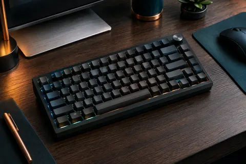 Clavier mécanique compact noir au format 75 %, avec molette et rétroéclairage RVB sur un bureau sobre.