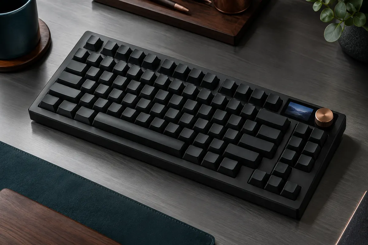 Clavier mécanique YUNZII noir au format 75 %, avec écran TFT et bouton rotatif sur un bureau sobre.