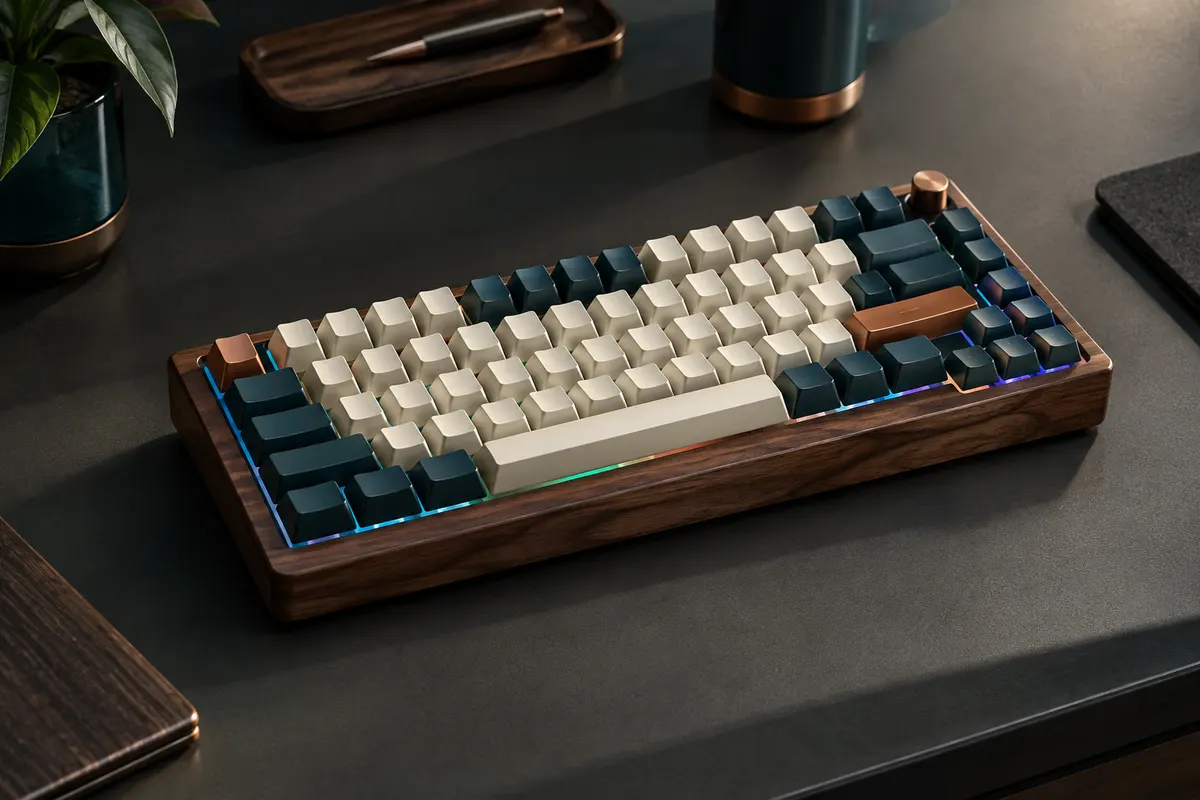 Clavier mécanique compact brun en noyer avec 68 touches et rétroéclairage RGB sur un bureau sobre.