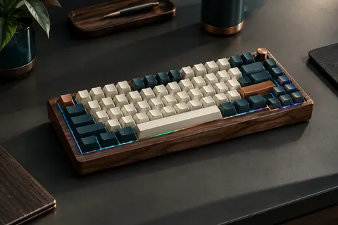 Clavier mécanique compact brun en noyer avec 68 touches et rétroéclairage RGB sur un bureau sobre.