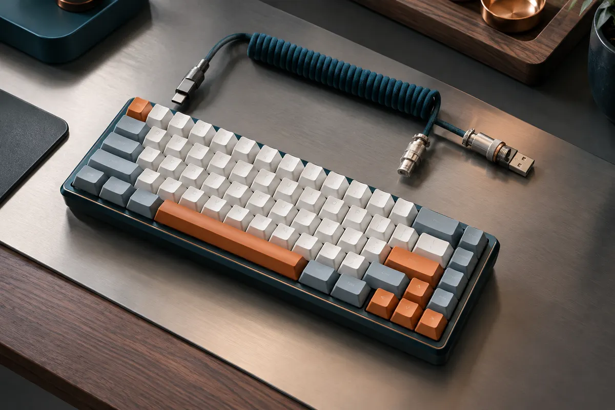 Clavier mécanique compact gris, blanc et orange avec touches rétroéclairées et câble spiralé détachable