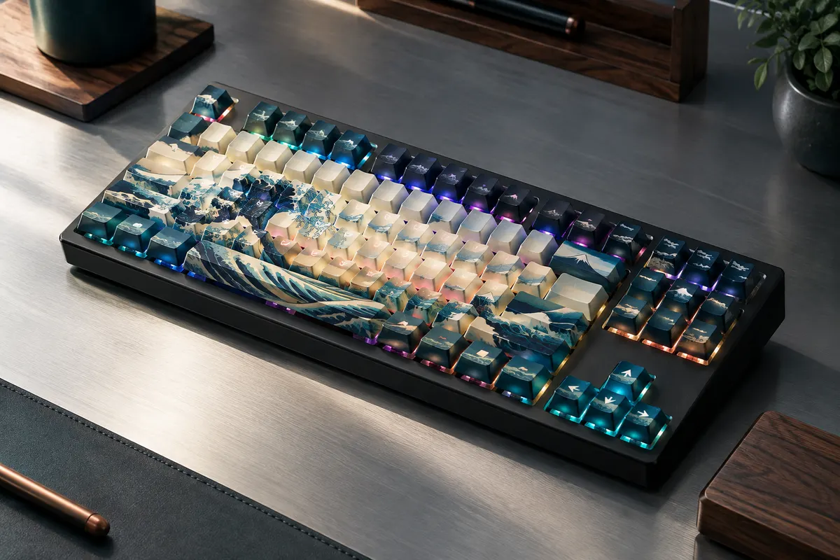 Clavier mécanique TKL noir au motif Kanagawa, avec touches translucides éclairées en RGB sur un bureau sobre.