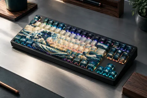 Clavier mécanique TKL noir au motif Kanagawa, avec touches translucides éclairées en RGB sur un bureau sobre.