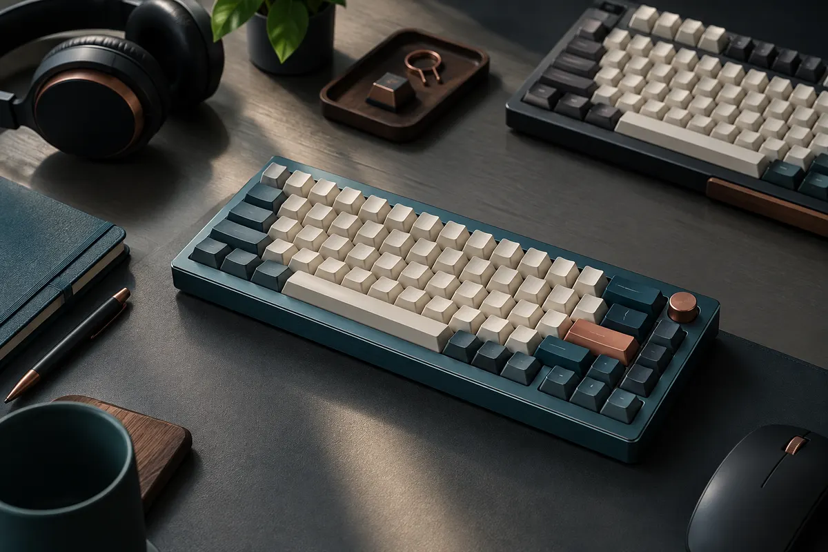 Clavier mécanique compact aux touches détaillées, présenté sur un bureau sobre aux tons graphite et bleu pétrole