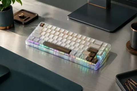 Clavier mécanique compact 65 % blanc transparent à touches QWERTZ et éclairage RVB sur un bureau sobre.