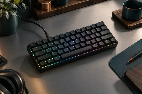 Clavier mécanique noir Corsair K65 RGB Mini au format 60 %, avec touches RGB sur un bureau sobre.
