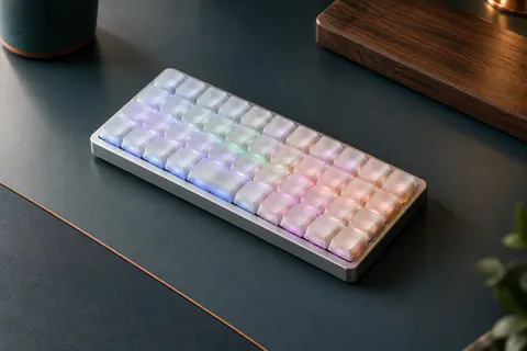 Clavier mécanique compact argenté à 47 touches, touches blanches translucides et rétroéclairage RVB sur un bureau sobre.