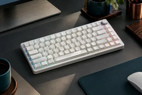Clavier mécanique compact blanc NuPhy Kick75 avec touches profil bas, molette de volume et éclairage RGB.