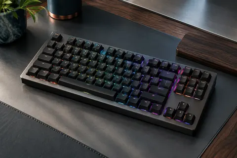 Clavier mécanique TKL noir de 87 touches avec switches bleus et rétroéclairage RVB sur un bureau sobre.