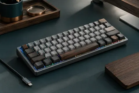 Clavier mécanique compact gris Redragon K617 à 61 touches avec rétroéclairage RVB sur un bureau sobre.