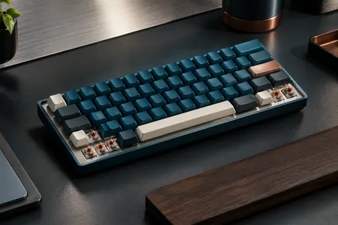 Clavier mécanique compact bleu au format 60 %, posé sur un bureau sobre avec une lumière latérale douce.