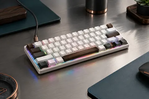 Clavier mécanique blanc RK61 à 61 touches et rétroéclairage RVB posé sur un bureau sombre.