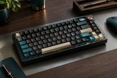 Clavier mécanique 75 % YUNZII AL80 noir avec écran LCD, molette et touches rétroéclairées sur un bureau sobre.