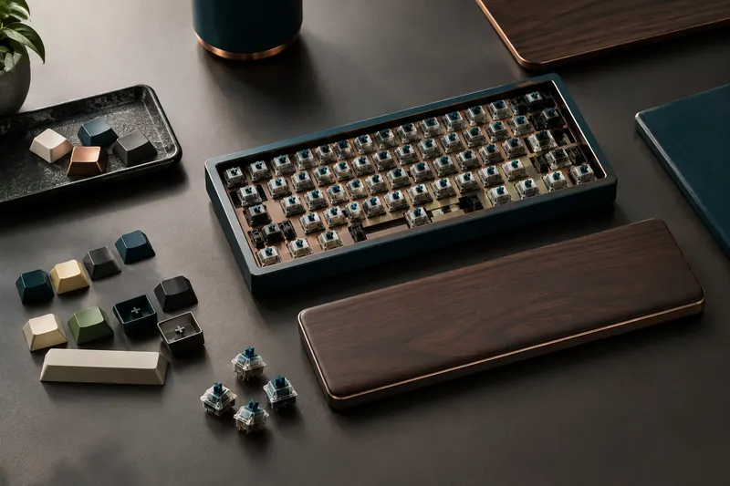 Clavier mécanique compact et composants présentés sur un bureau, pour illustrer les critères de sélection